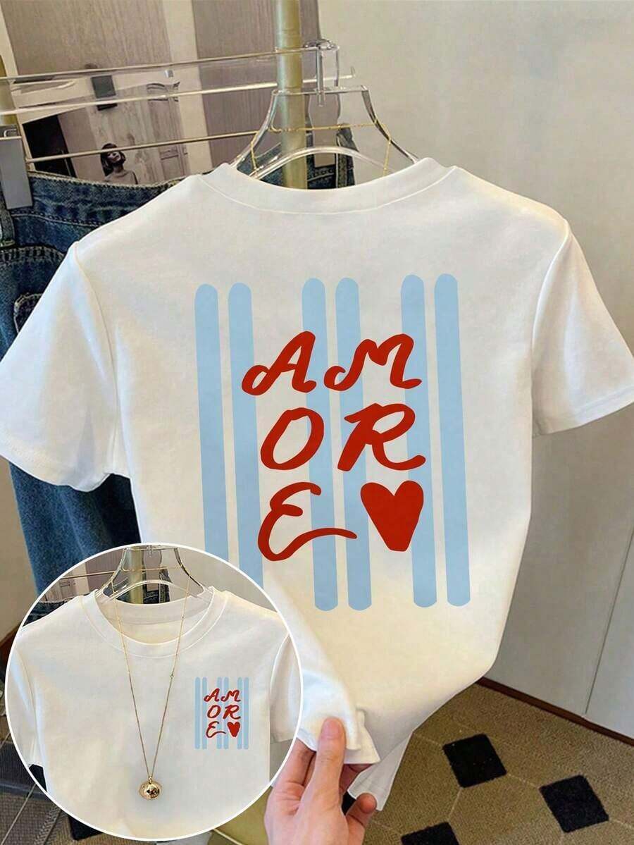 Camiseta de mujer, camiseta de manga corta con gráfico de estilo casual de calle, top de verano lindo - Blanco - Ver 1