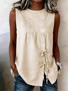 Women's Sleeveless Button-Up Cover-Up, Casual Drawstring Tied Detail Sleeveless Button-Up Top, Round-Neck Leisure Waist-Cinching Cover-Up, With Side Drawstring Ties And Pockets, Suitable For Summer - Light Brown - View 2