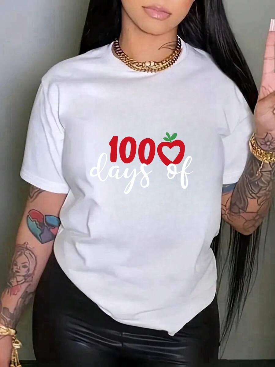 Talla grande - Camiseta de mujer de una pieza con estampado de 100 dígitos, cuello redondo, estilo casual de primavera/verano, manga corta, patrón geométrico, cuello redondo, tela ligeramente elástica, adecuada para todas las estaciones, ropa casual. |   Top estampado vibrante |   Camiseta de talla grande con ajuste cómodo - Blanco - Ver 1