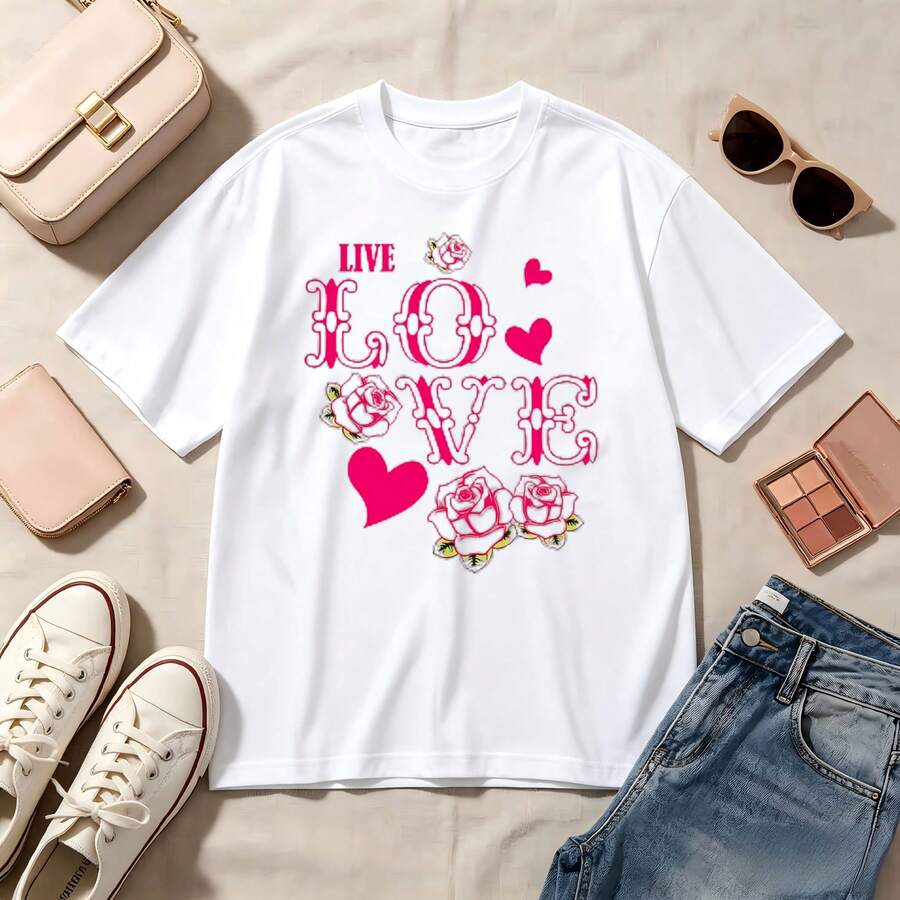 Retro Love Print, 100% Cotton, Oversized Soft Breathable, Casual Crewneck, Short Sleeve Top, Kawaii Aesthetic, Romantic Summer Vibes - Blanco - Ver 1