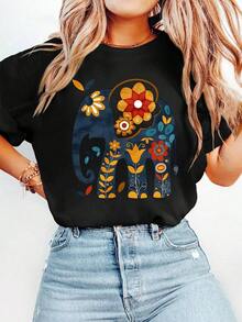 Ropa Curvy En Oferta Y  Una Moderna Camiseta De Manga Corta Para Mujer, De Estilo Retro Y Corte Holgado, Adecuada Para Actividades Al Aire Libre En Primavera Y Verano, Camiseta Bohemia Con Estampado De Elefantes - Top De Manga Corta Con Cuello Redondo Suave, Con DiseñOs Brillantes De Elefantes Y Flores, Ideal Para Uso Casual Y Semi-Formal En Todas Las Estaciones, Con Tela CóModa Y EláStica, Lavable A MáQuina.Blusas Para Mujer,Blusas Casuales Para Dama,Tops,, Mujer Premium,Y2K,Playeras De Mujer Curvy,Ofertas Y Liquidaciones Ropa Mujer,Playeras Deportivas Para Mujer,,Playeras De Hombre, Mujer,Blusas>Elegante OCFDCamisetas Para Mujer Y2K - Negro - Ver 8
