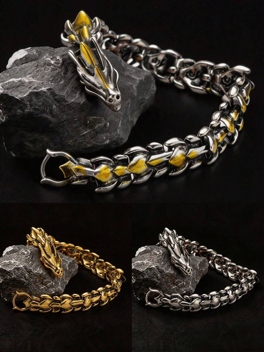 1 pieza Brazalete con forma de dragón retro para hombres, brazalete de acero inoxidable con estilo punk hip hop, joyería unisex - Multicolor - Ver 1