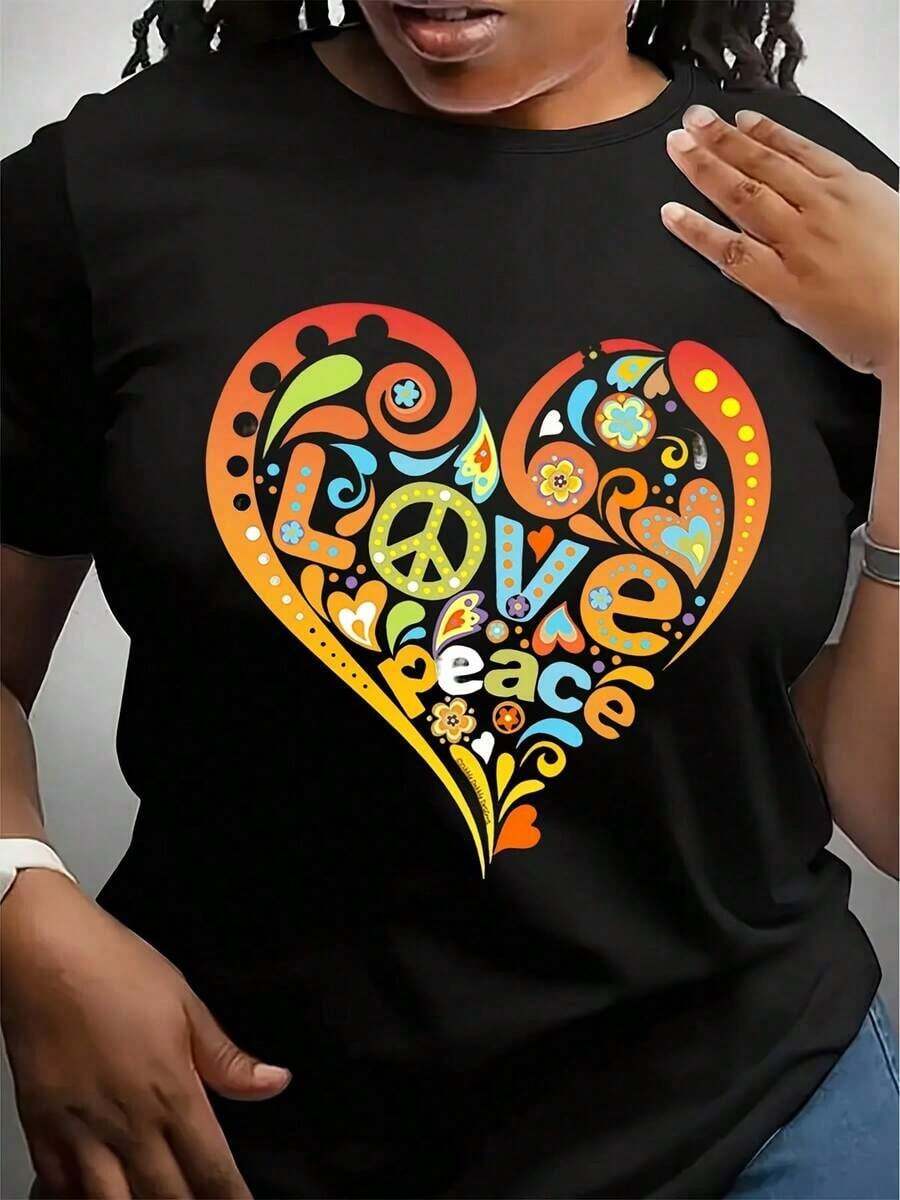 Camiseta Gráfica de Paz y Amor con Corazón para Mujer - Manga Corta, Cuello Redondo, Estilo Casual para Verano y Primavera, Diseño de Espiral Colorido, Tela Suave y Transpirable - Negro - Ver 1