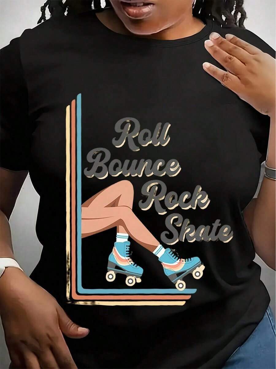 Roll Bounce Rock Skate T-Shirt With Old School Song Lyrics, Motown T-Shirt, Cute Roller Skating T-Shirt For Disco Lovers, Gift For Her. - Black - View 1