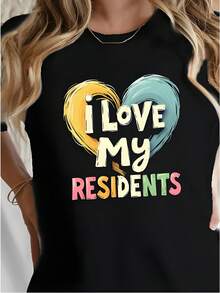Camiseta negra para mujer - Camiseta cómoda y holgada con el estampado en forma de corazón "I Love My Residents" - Camisa casual ideal para enfermeras y cuidadoras - Regalo lavable a máquina adecuado para hermanas o salidas casuales - Ropa de mujer para primavera/verano - Negro - Ver 7