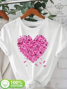 In October, We Wear A Breast Cancer-Themed Pink Heart And Leaf Print T-Shirt, Casual Short-Sleeved Crew Neck Top For Summer And Spring, Loose And Comfortable Women's Clothing. - White - View 1