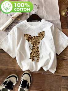 Short-Sleeved, Round-Neck T-Shirt With A Chihuahua And Leopard Print, Perfect For A Casual Spring And Summer Look, Designed For Women. Loose And Comfortable. - White - View 12