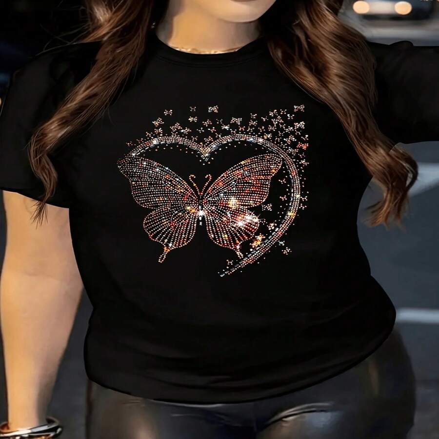 Exclusive Women's Casual T-Shirt, Perfect For Independence Day, Father's Day, And Valentine's Day. Features A Glittery Butterfly And Heart Print. Soft, Crew Neck, Short Sleeves, And Machine Washable. Black With A Colorful Glitter Design. Suitable For Romantic Occasions And Casual Wear. - 黑色 - 查看 1