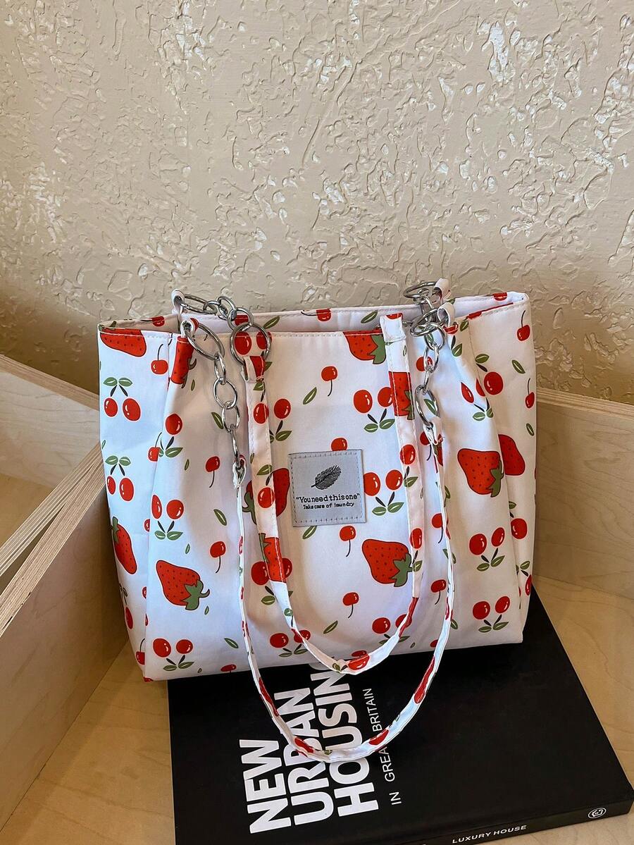 2026 Summer New Large Capacity Chic Cherry Print Stylish Personalized Shoulder Tote Bag For Women - White - View 1