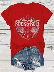 Circle Rock Band Print T-Shirt, Short Sleeve, Casual Round Neck, Women's Spring/Summer Clothing, Suitable For Daily Leisure Activities. - 紅色 - 查看 7