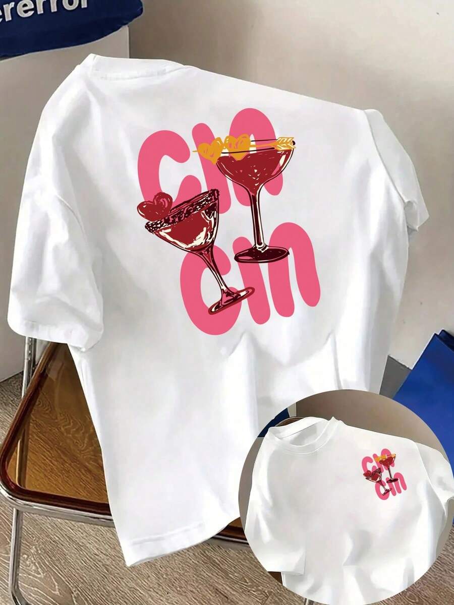 Women's T-Shirts For Valentine's Day, Cocktail Print T-Shirt, Short Sleeve, Round Neck, Casual Top For Summer And Spring, Women's Clothing, Casual Blouses For Ladies. - 白色 - 查看 1