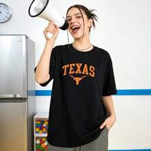 Women's Summer Clothing, Soft Cotton Casual T-Shirt With Round Neck, TEXAS Letter Print And Longhorn Logo. Black. - 黑色 - 查看 2