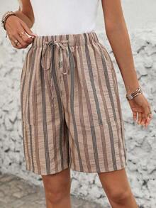Bermudas a rayas con bolsillos laterales, corte holgado y estilo básico de cintura media - Multicolor - Ver 5