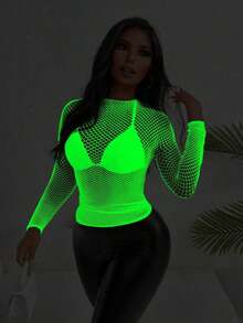 Top de manga larga de malla transparente y ajustado de moda para el verano, blusa de mujer sexy y transparente de manga regular, de cuello alto y ajustada, color liso negro, para uso casual diario en primavera/otoño - Blanco 2 - Ver 8