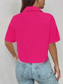 negra casual corta y sencilla de manga corta para uso diario para damas - Rosa Fucsia - Ver 2