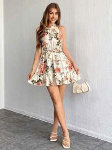 Vestido Sin Mangas Para Mujer Con Cuello Halter Y Con Estampado Floral En Línea A Y Dobladillo Con Volantes - Multicolor - Ver 1