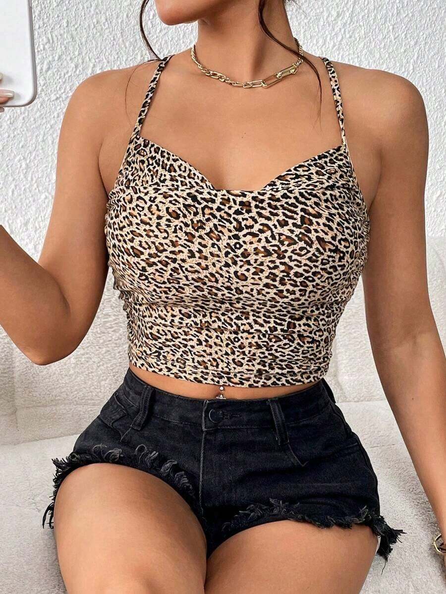 Top de tirantes con estampado de leopardo escote drapeado - Multicolor - Ver 1