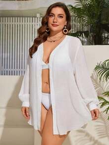 Kimono De Talla Grande De Color Sólido Con Cierre Delantero De Hebilla Y Manga De Linterna - Blanco - Ver 5