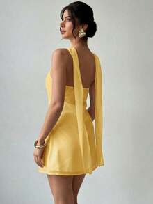Elegante y delicado vestido camisero con decoración metálica y espalda descubierta, ropa de verano, ropa de playa, ropa de resort, ropa de resort bohemia y tropical, atuendo para conciertos, fiestas rave, festivales de música country, elegante atuendo para citas nocturnas, vestido de verano para mujer, vestido para té de la tarde, vestido blanco de graduación, atuendo de celebración para festivales de música, vestido con espalda descubierta - Amarillo - Ver 2