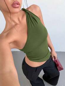 Top elegante de un hombro con un giro en color rojo burdeos delgado para mujer - Verde militar - Ver 4