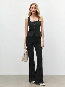 Blusa de un solo pecho de unicolor, versátil y casual para uso diario - Negro - Ver 2
