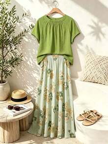 2 piezas Conjunto de top casual de unicolor + falda con estampado geométrico blanco y negro para vacaciones de mujer, Conjunto de ropa de verano para mujer, Conjunto de falda y top de verano, Conjunto de falda y top de mujer, Conjunto de falda - Verde - Ver 3
