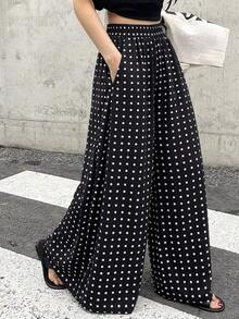 de pierna ancha con estampado de lunares y cintura elástica para mujer - Negro 2 - Ver 5