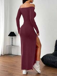 Vestido rojo sexy de hombros descubiertos con abertura lateral alta - Burdeos - Ver 2