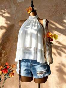 Blusa con cuello halter amarilla, blusa elegante con cuello halter, bajo con volantes en forma de A y cuello con lazo, camisa casual de oficina de color amarillo claro, blusa con cuello halter y espalda descubierta para playa y vacaciones - Blanco - Ver 8