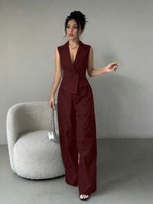 Conjunto de 2 piezas de ropa de otoño: top sin mangas y pantalones de unicolor - Burdeos - Ver 6