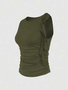 Blusa sin mangas de cuello redondo de unicolor con nudo delantero, estilo minimalista y casual para mujer - Verde militar - Ver 4