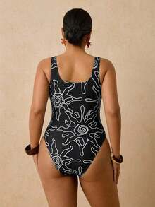 Traje de baño de una pieza con estampado de limón para mujer de talla grande, romántico para la playa y el spa a principios de primavera - Blanco y Negro - Ver 2