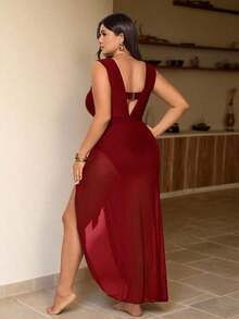 Traje de baño de una pieza elegante de talla grande con 3 piezas, decorado con hebilla de metal marrón, se puede usar por separado con atuendos, adecuado para fiestas y vacaciones - Rojo - Ver 10