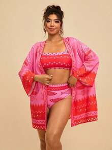 suelta con estampado tropical para mujer de talla grande, Bata de baño, Kimono de playa, Año Nuevo, Acción de Gracias, Navidad, Playa, Playa para mujeres, Conjunto de playa, Playa para mujeres, Moda de playa, Moda de playa para mujeres - Rosa Fucsia - Ver 3