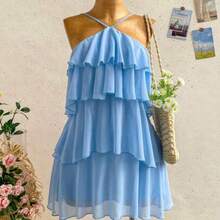 New Elegant Romantic Wedding Guest Solid Color Backless Multi-Layer Ruffle Chiffon Mini Dress, Suitable For Bohemian, Boho, Romantic Floral, Vacation, Floral Party, Date, Valentine's Day, Easter, Carnival, Afternoon Tea, Beach, Cruise, City Street Holiday,Summer Dresses For Women - Celeste - Ver 1