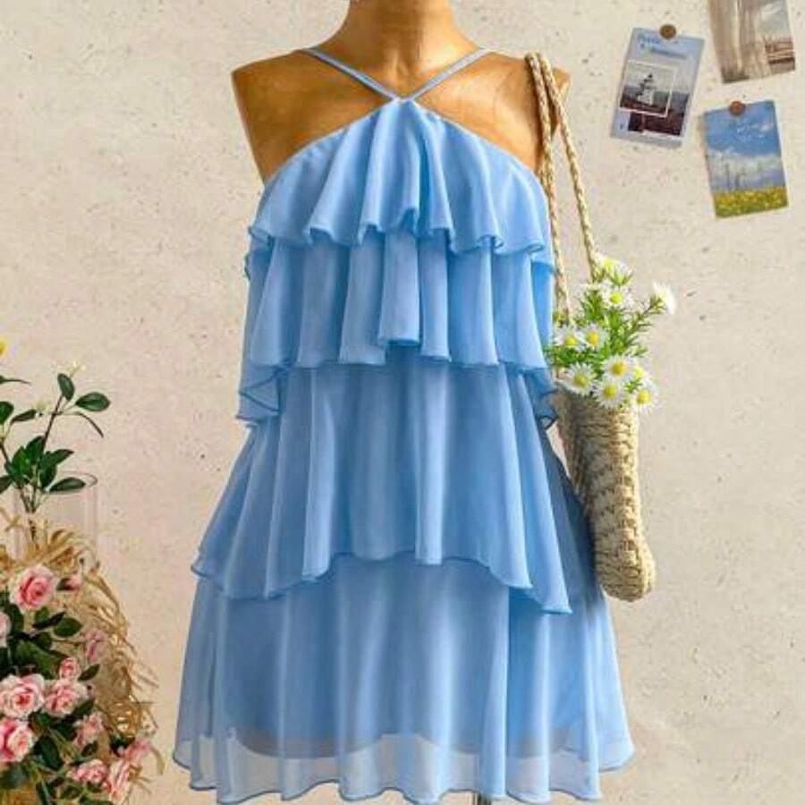 New Elegant Romantic Wedding Guest Solid Color Backless Multi-Layer Ruffle Chiffon Mini Dress, Suitable For Bohemian, Boho, Romantic Floral, Vacation, Floral Party, Date, Valentine's Day, Easter, Carnival, Afternoon Tea, Beach, Cruise, City Street Holiday,Summer Dresses For Women - Celeste - Ver 1