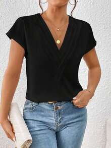 Blusa de mangas de murciélago sólidas, cuello en V, blusas de manga corta - Negro - Ver 3