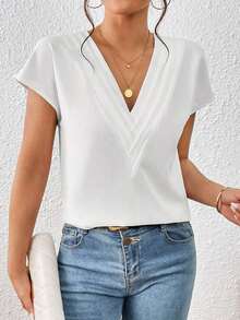 Blusa de mangas de murciélago sólidas, cuello en V, blusas de manga corta - Blanco - Ver 7