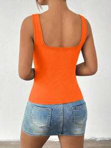 Camiseta sin mangas ajustada de unicolor con cuello cuadrado para mujer , Chaleco de unicolor minimalista y retro, Camiseta de punto sin espalda de moda de verano, Versátil y casual, Adecuado para el trabajo y el transporte - rojo anaranjado - Ver 2