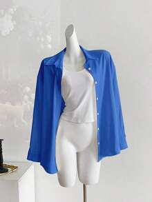 Camisa casual de manga larga, de un solo pecho, de unicolor y holgada para mujer - azul real - Ver 5