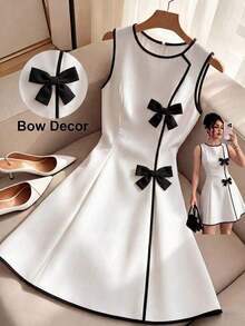 Vestido de línea A con cintura ceñida, decorado con lazo, a rayas azul y blanco, adecuado para la escuela, picnic de fin de semana, salida casual con amigos, de estilo fresco y dulce - Blanco y Negro 3 - Ver 6