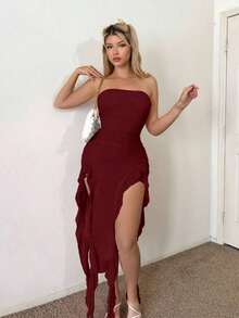 Vestido tubo fruncido bajo asimétrico - Burdeos - Ver 1