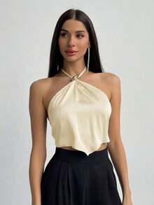 Camiseta de tirantes con cuello halter y bajo asimétrico para mujer - Beis - Ver 1