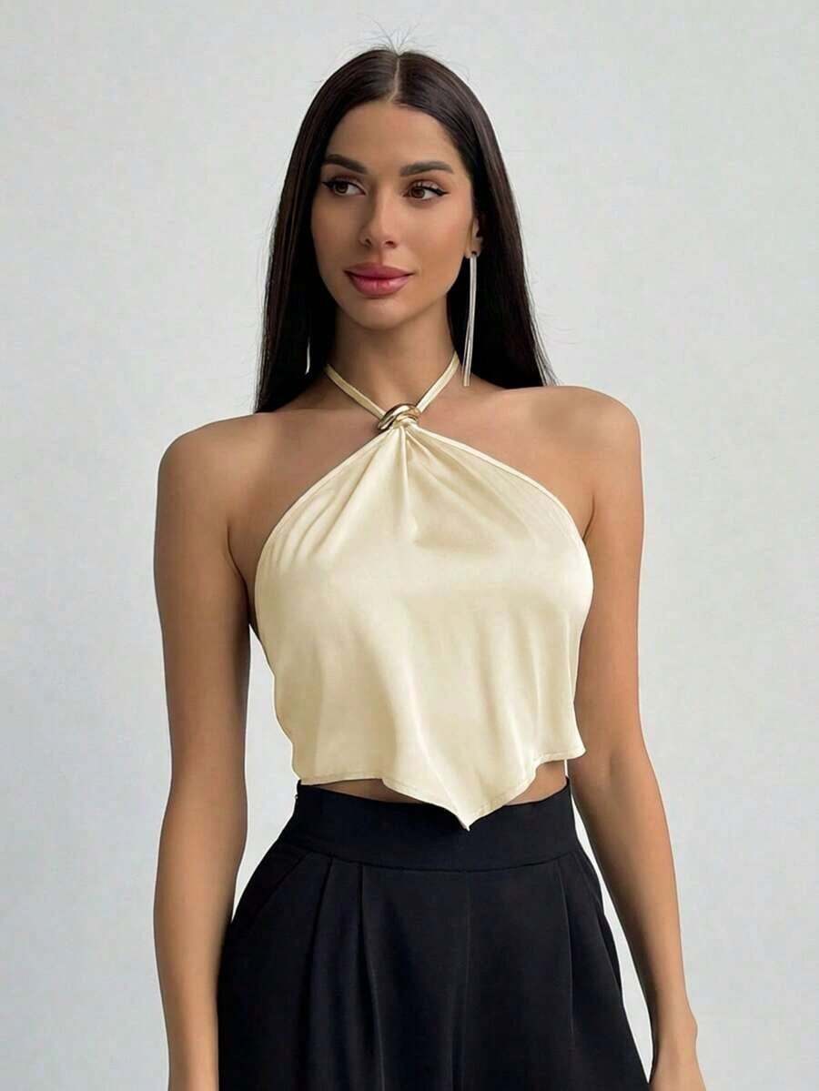 Camiseta de tirantes con cuello halter y bajo asimétrico para mujer - Beis - Ver 1