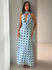 Vestido de mujer con cuello drapeado, línea A y espalda descubierta en color amarillo fluido - Azul - Ver 3