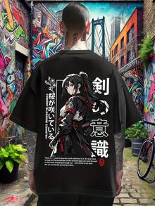 Camiseta de Hombre con Estampado de Chica Anime - Estilo Manga Streetwear, Cuello Redondo, Tee de Verano con Anime, Ajuste Casual para Convenciones y Ropa casual - Negro - Ver 2