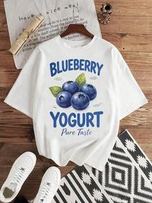 T-Shirt With Blueberry Illustration And "Blueberry Yogurt" Text, Cool Casual Style, Short Sleeve, Round Neck - 白色的 - View 5