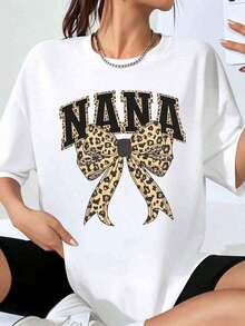 Nana Women's Oversized Leopard Print Bow T-Shirt, Casual Top, Fashion Shirt For Family Gifts, Mother's Day Or Birthday Gift - 白色 - 查看 7