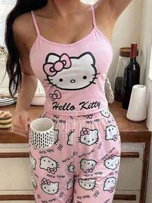 SANRIO Girly Hello Kitty Print Camisole + Long Pants Loungewear Set, Soft Elastic Fabric, Comfortable 2 Pieces Set Suitable For Home Sleep / Casual Relaxation / Light Outings - Multicolor - View 4