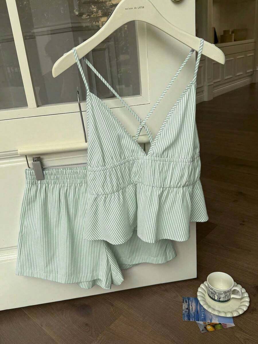 xheComfortcana Conjunto informal de camiseta de tirantes y pantalones cortos con estampado de corazón tejido y cuadros en rojo para mujerxhe - Verde - Ver 1